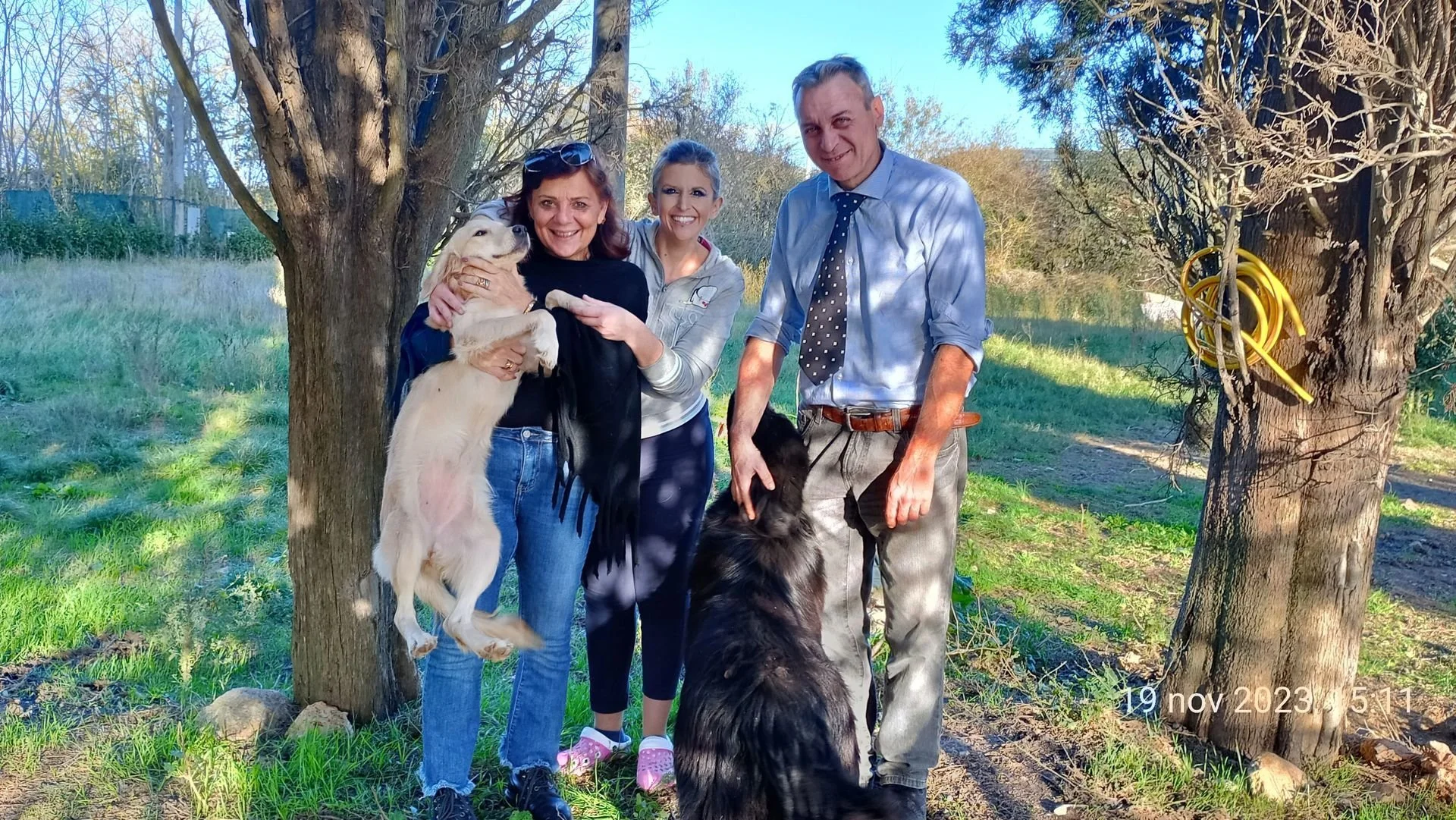 Due donne e due uomini con due cani, uno bianco e uno nero, in un parco con alberi e prato. Le donne sorridono e tengono un cane bianco, mentre un uomo con camice azzurro e cravatta con pois accarezza un cane nero. Data e ora in basso: 19 novembre 20