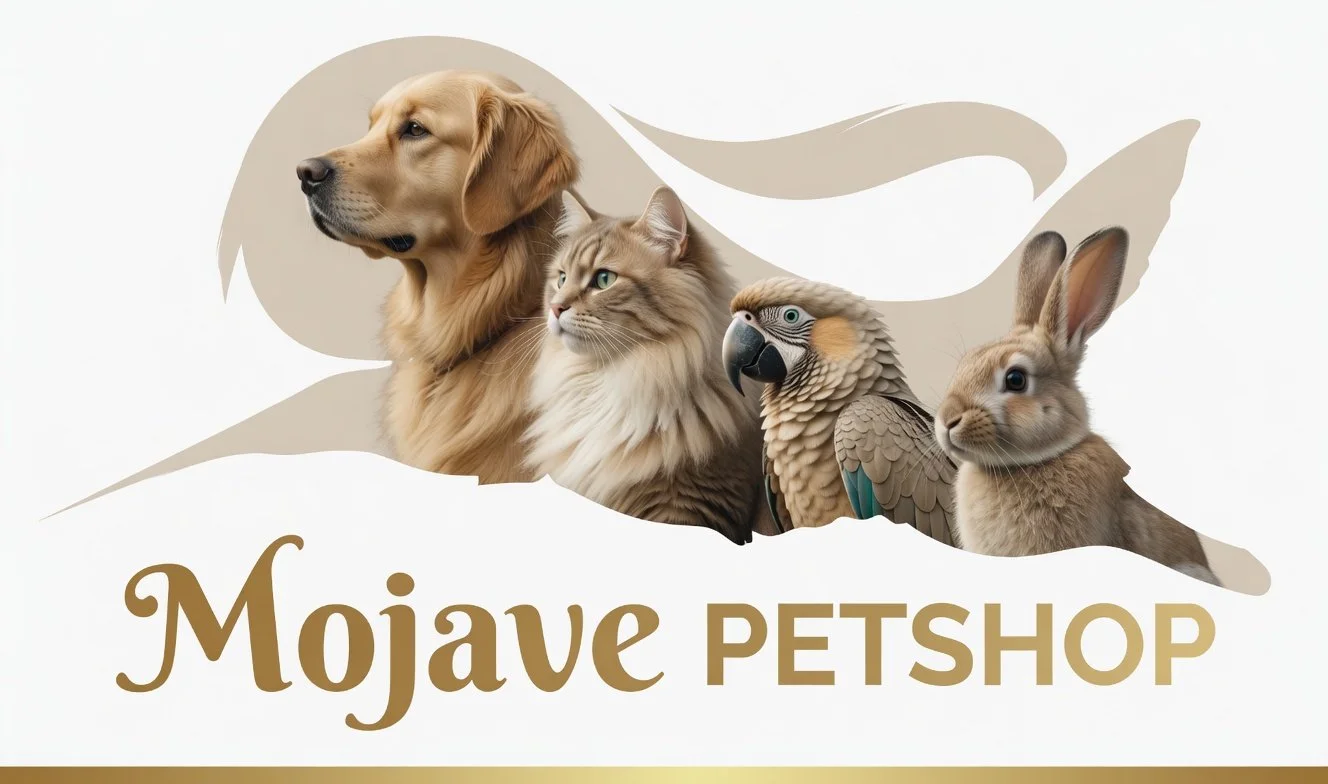 Logo di Mojave Petshop con immagine di un cane, un gatto, un pappagallo e un coniglio.
