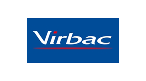 Logo Virbac su sfondo blu.
