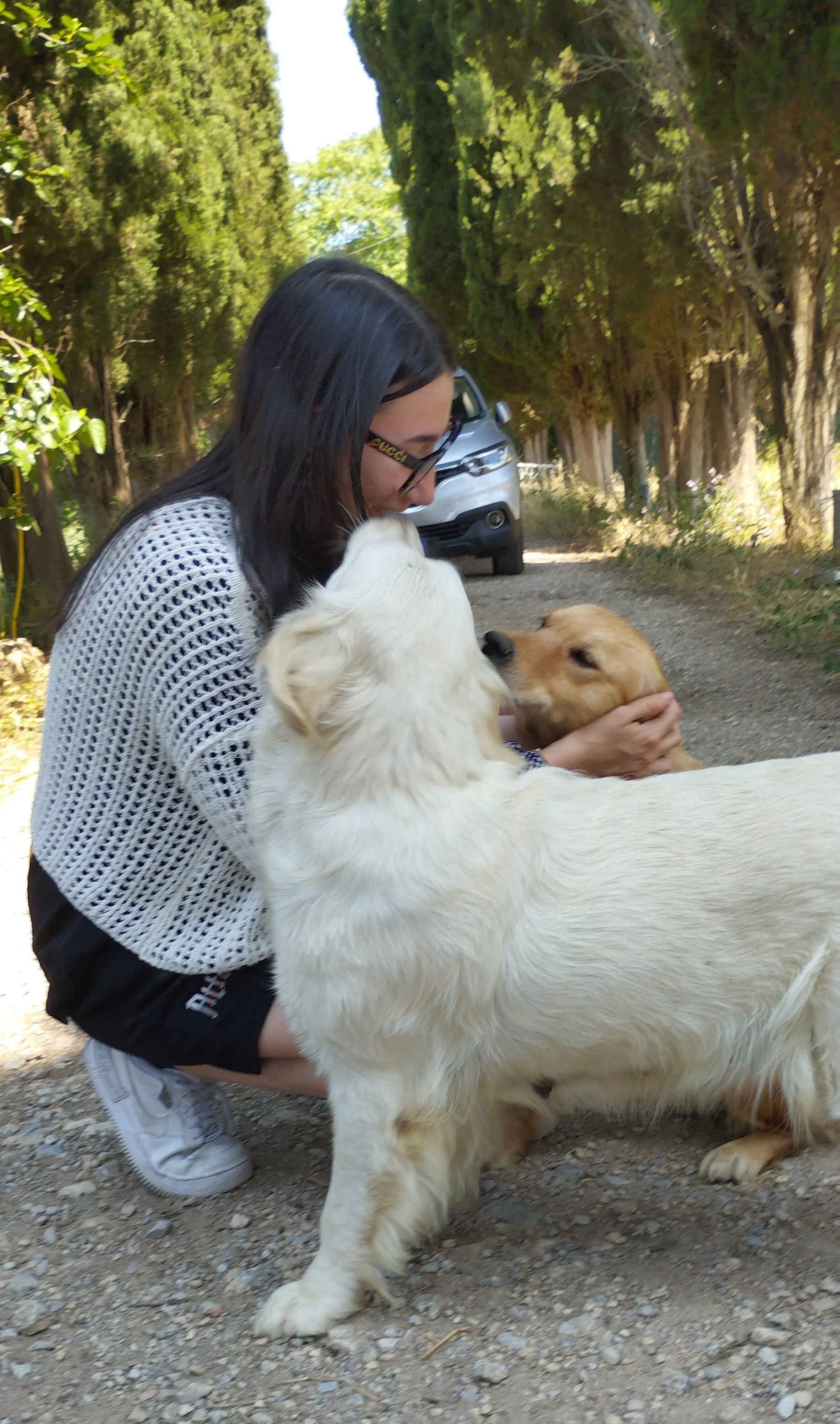Una ragazza con occhiali sorride e abbraccia due cani, uno bianco e uno marrone, in un sentiero circondato da alberi verdi.