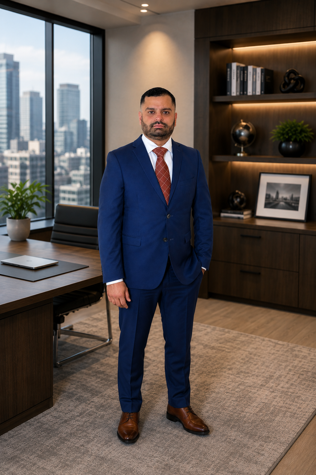 A man in a blue suit standing in an office with a city skyline visible through windows, a wooden desk, and bookshelves.