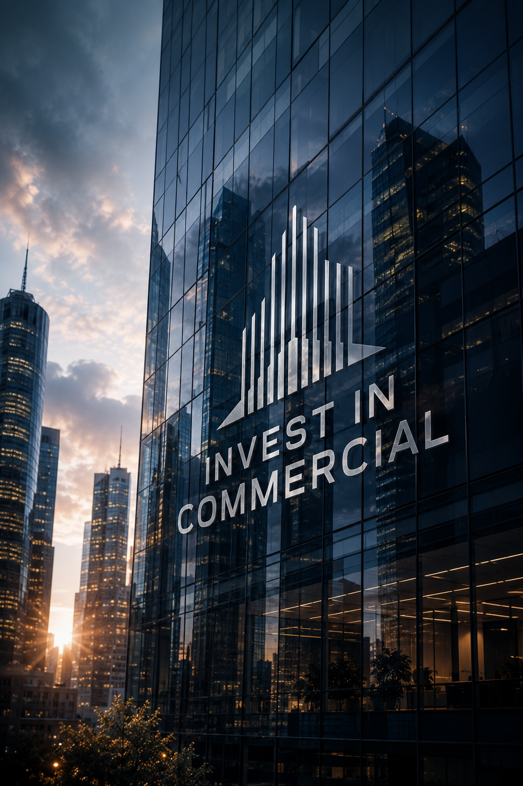 A glass building with the Invest in Commercial logo reflects city skyscrapers and sunset sky.