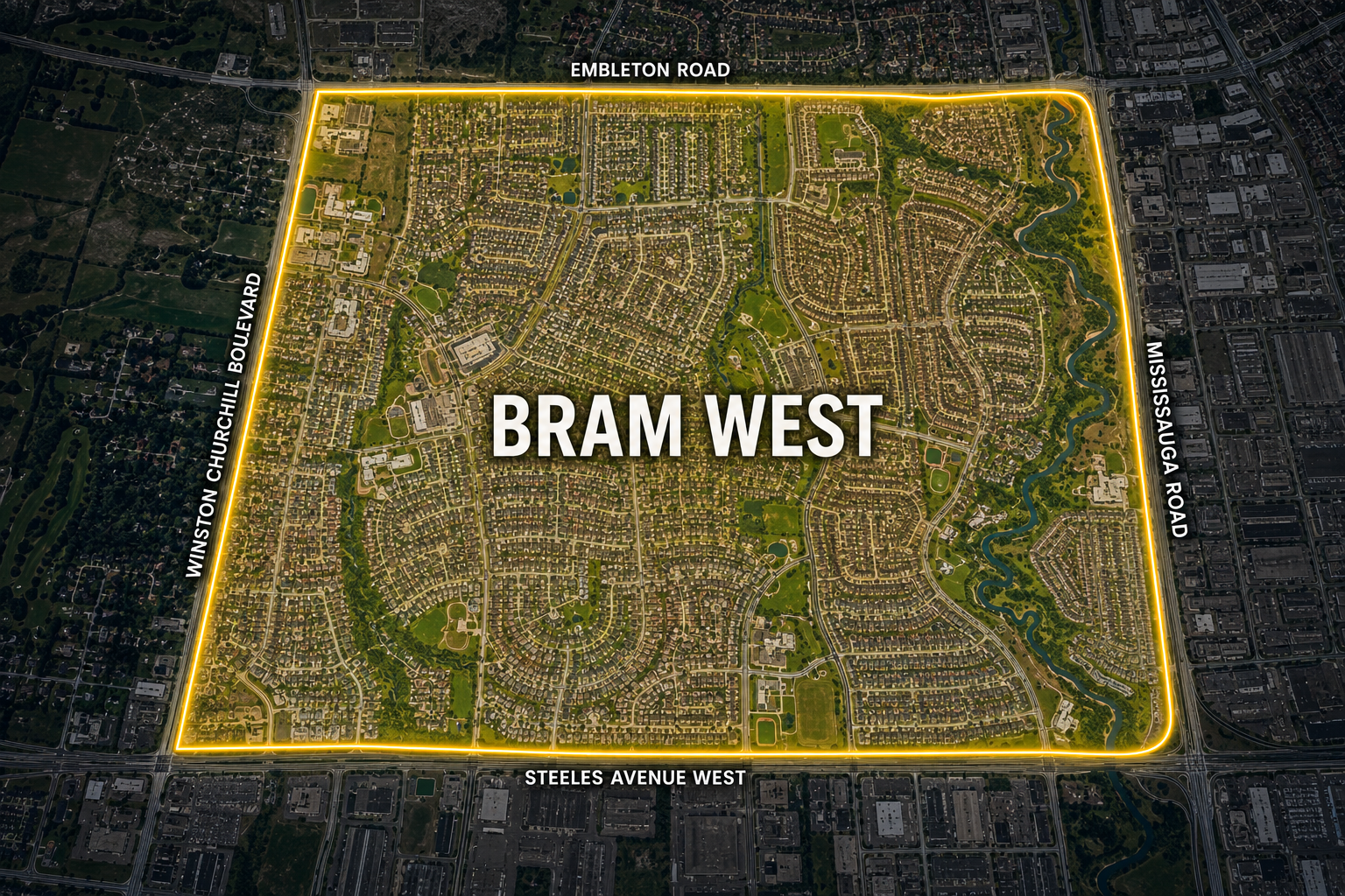 Map of the Bram West neighbourhood in Brampton, Ontario.