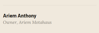 Text showing the name 'Ariem Anthony' and the title 'Owner, Ariem Motahaus'.