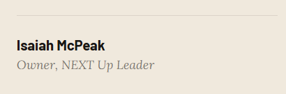 Business card with the name Isaiah McPeak, owner of NEXT Up Leader