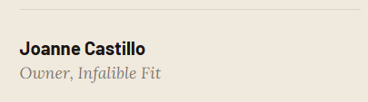 Text displaying the name Joanne Castillo, owner of Infallible Fit.