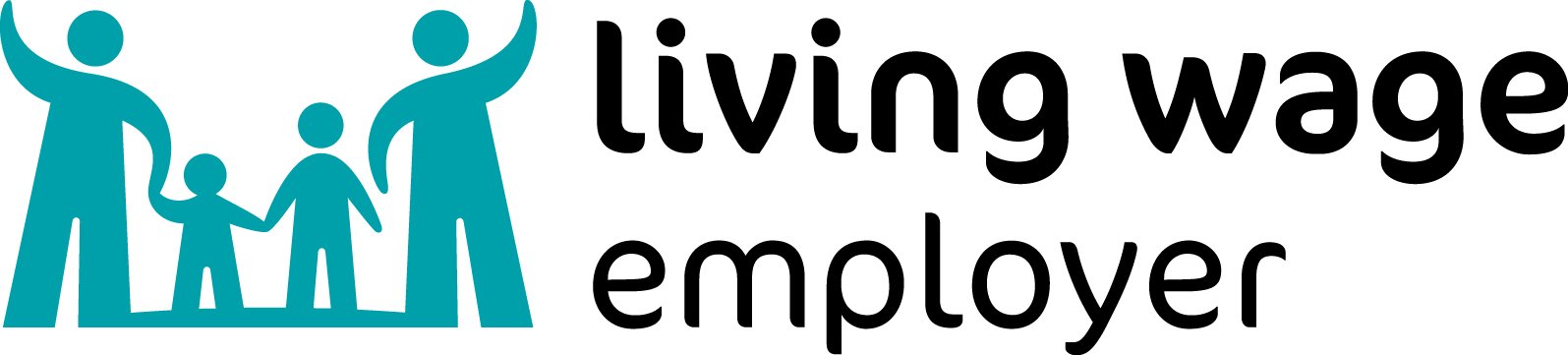 Logo for living wage employer featuring stylized figures of a family holding hands, with the text "living wage employer" beside them.