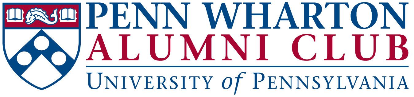 The logo of Penn Wharton Alumni Club, University of Pennsylvania, featuring a shield with a unicorn, three circles, and a triangle, along with the club's name.
