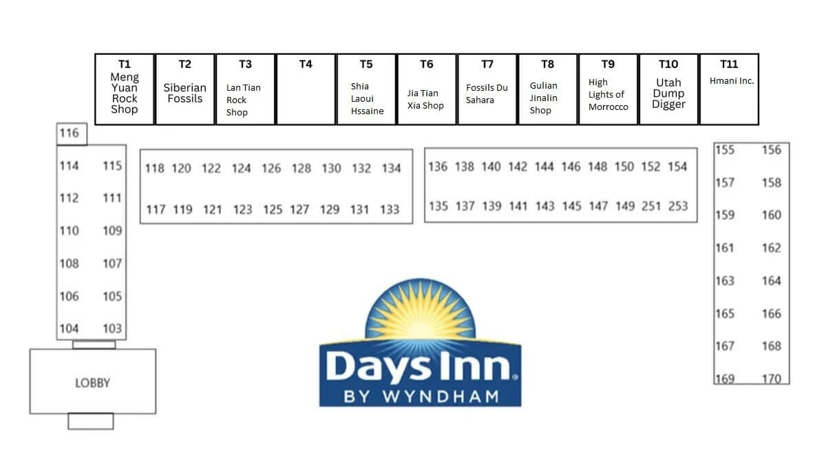 Floor plan of a Days Inn hotel with labeled room blocks and shops, including the Lobby at the bottom, and numbered guest rooms around it.