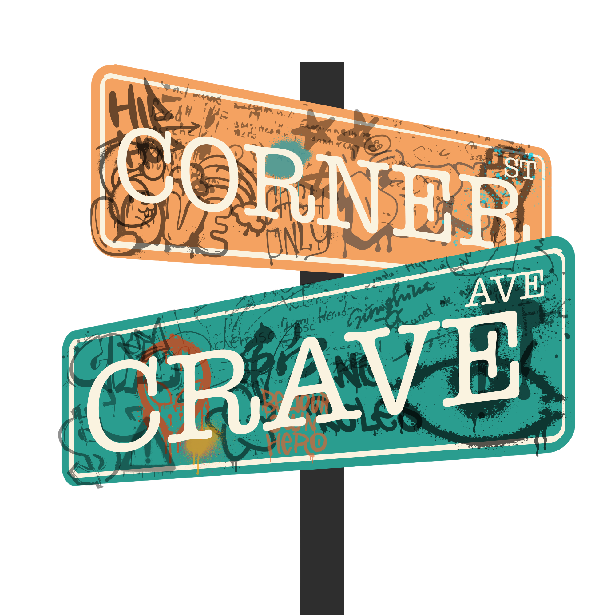 Street signs with spray paint graffiti, featuring the words 'Honker', 'Caution', and 'Stop' in a grungy style.