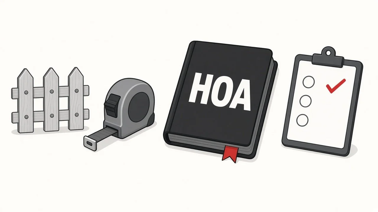 Cartoon HOA rulebook beside a picket fence section, tape measure and checklist with a red checkmark.