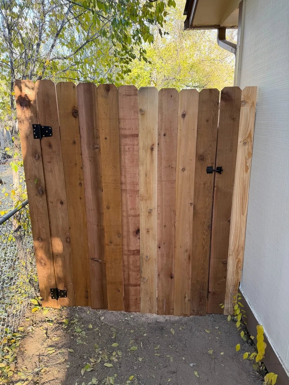 Cedar picket gate with black hinges and latch beside a house