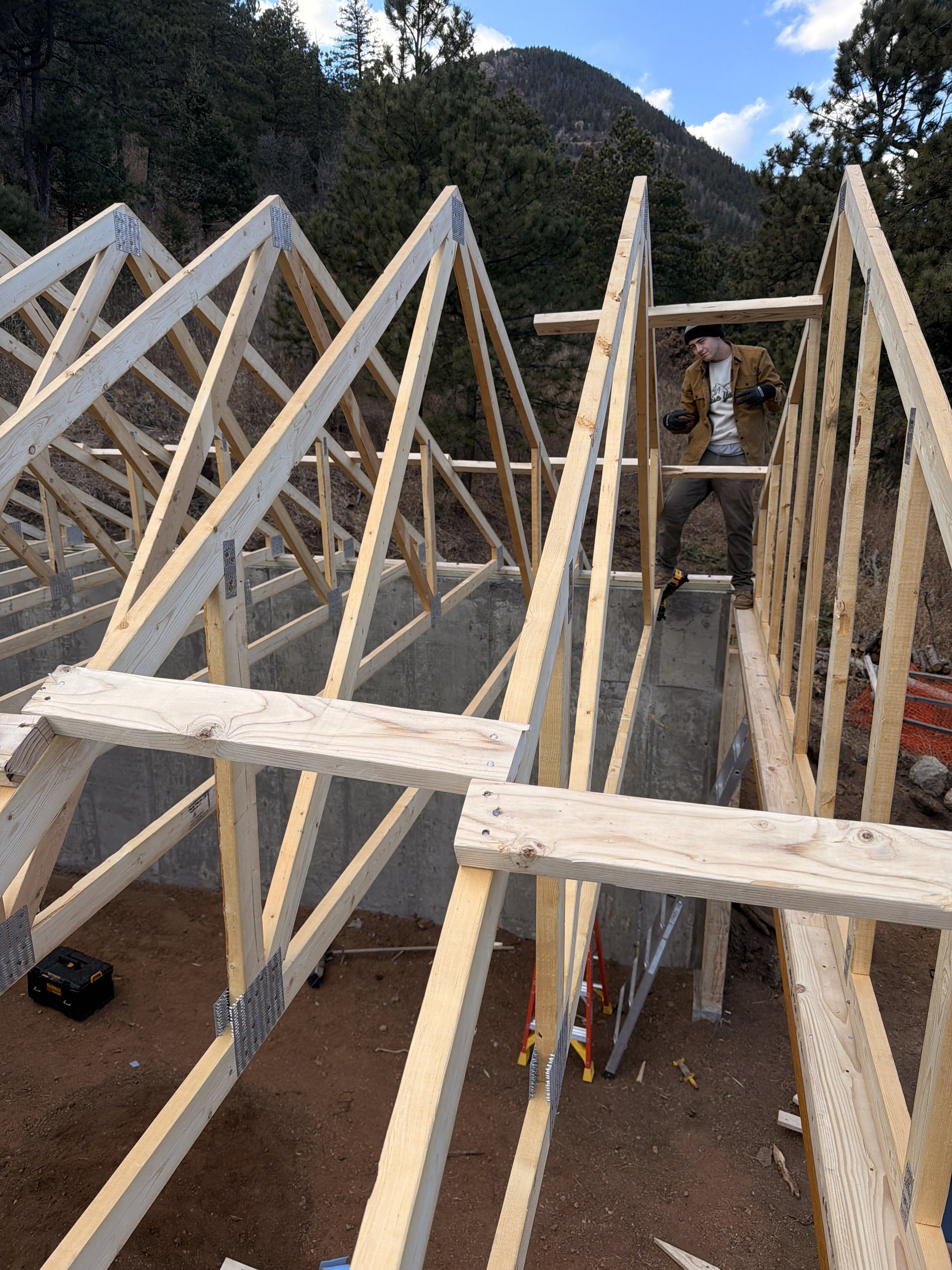 A carpenter building the wooden frame of a house's roof in a forested mountainous area during daylight.