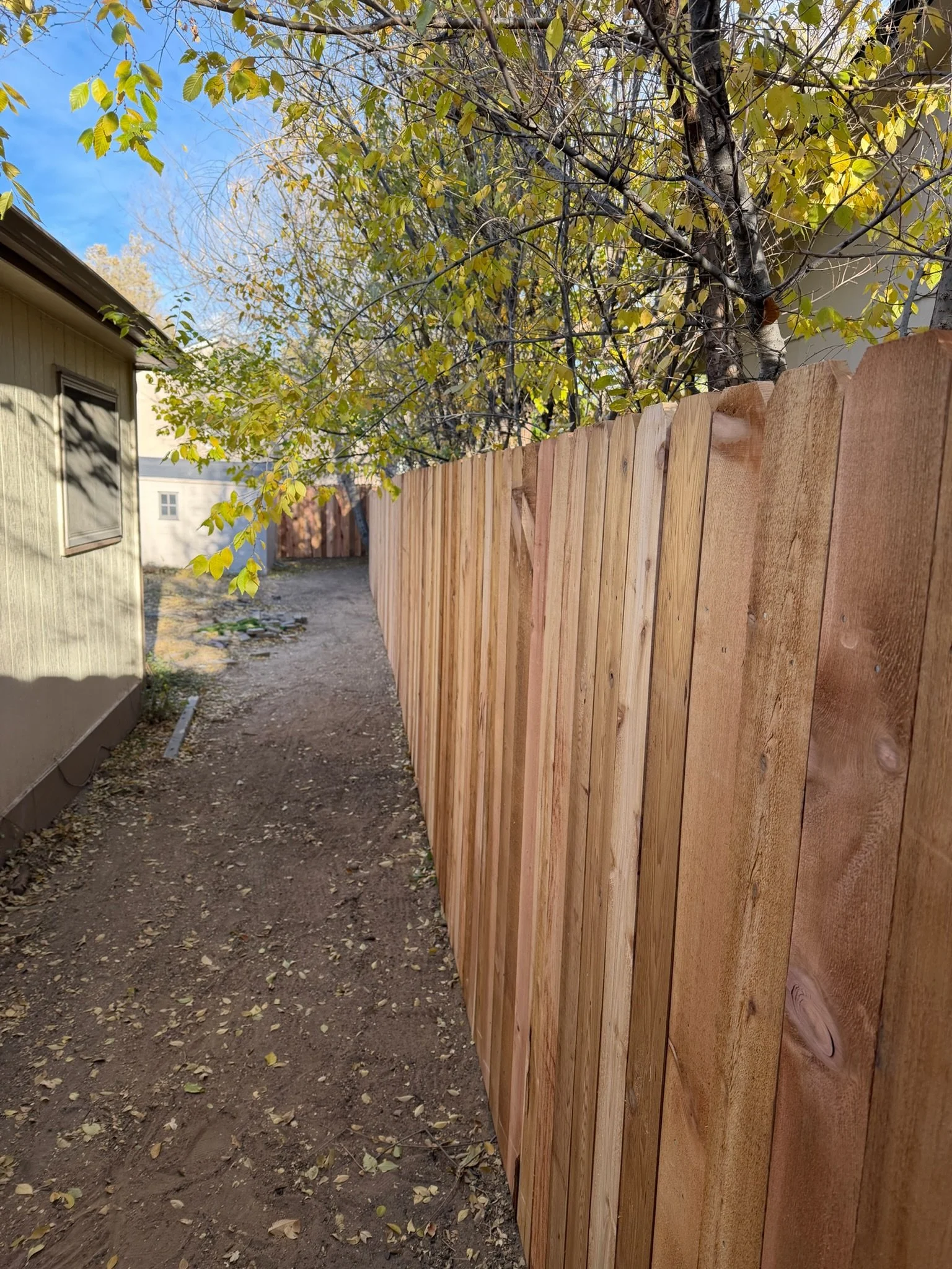 View of a newly installed wooden privacy fence running along the side of a backyard, with a tree and a house in the background on a sunny day.