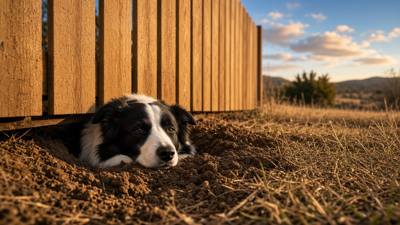 Black and white dog resting in a hole dug under a wooden fence.