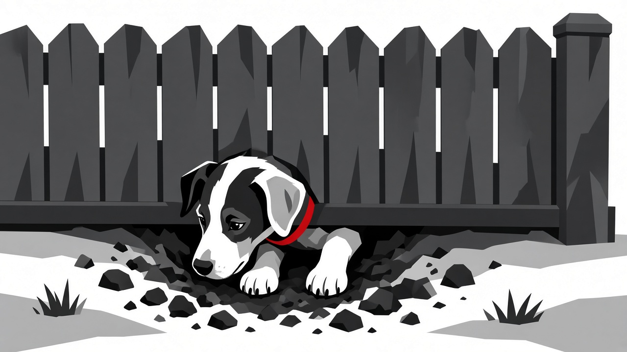 Puppy digging under a wooden fence, a reminder to dog proof the bottom of the fence.