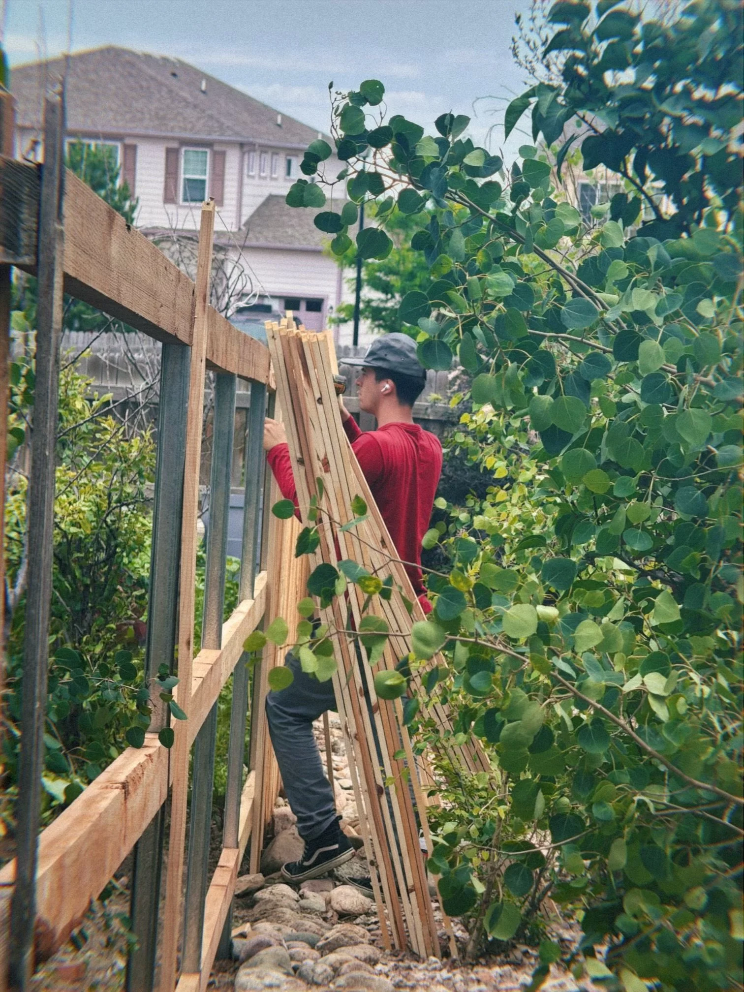 A person wearing a gray bucket hat and red long-sleeve shirt working on a wooden fence in a backyard, with green leafy bushes and a two-story house in the background.
