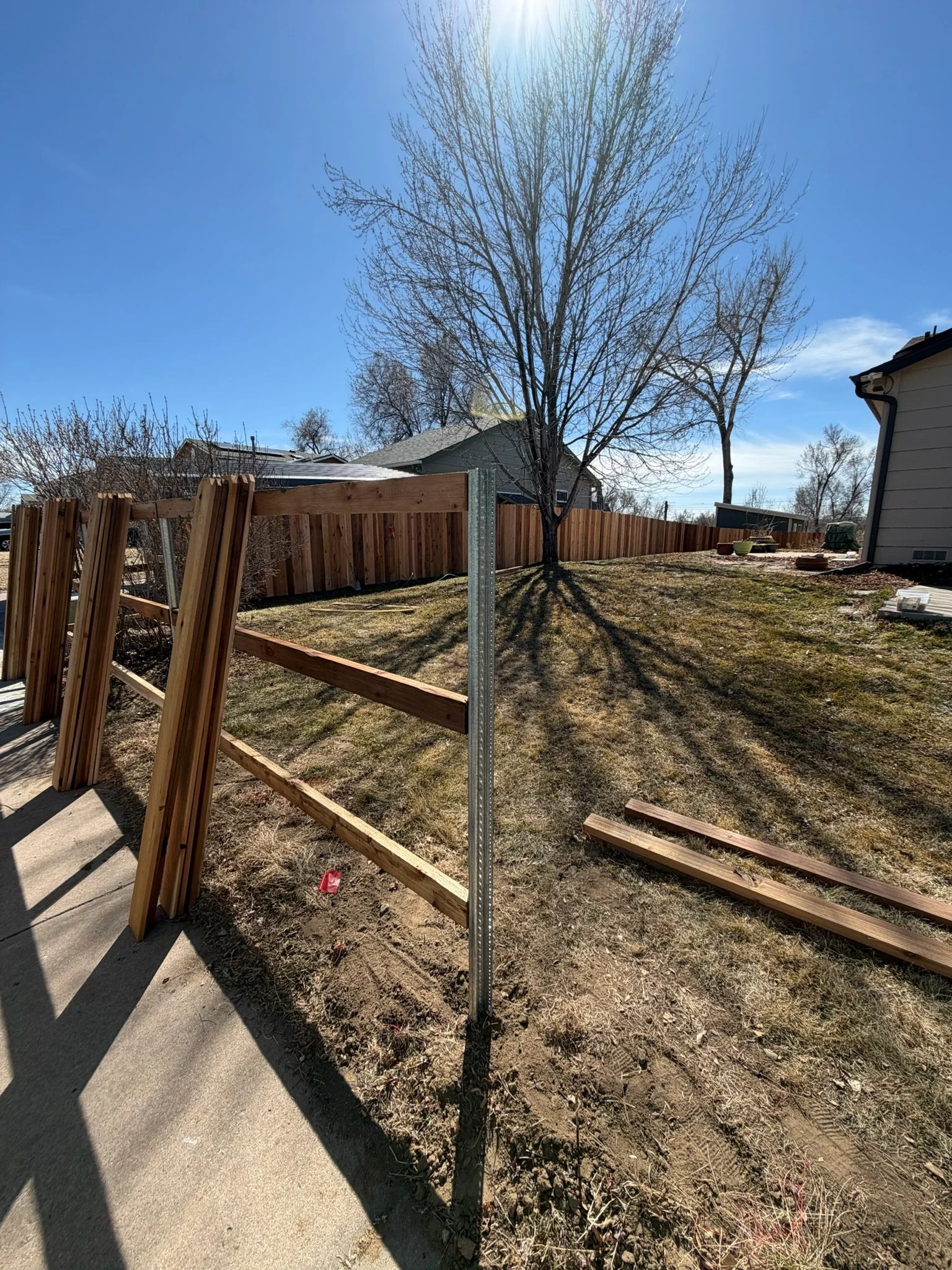 A backyard with a wooden fence, a large tree with no leaves, a house on the right, and a partially assembled structure in the foreground on a sunny day.
