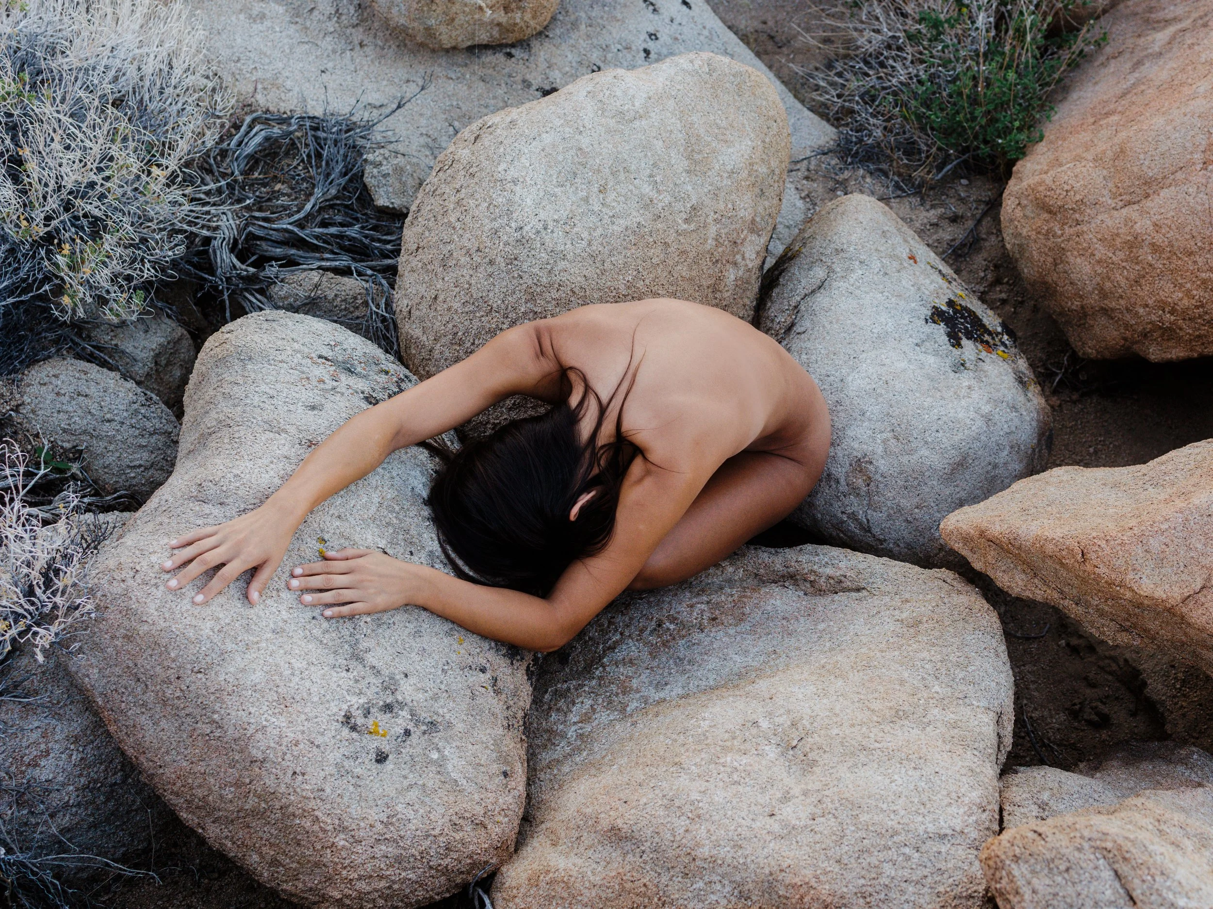 A woman lying on large rocks in a desert landscape, with dry bushes around her.