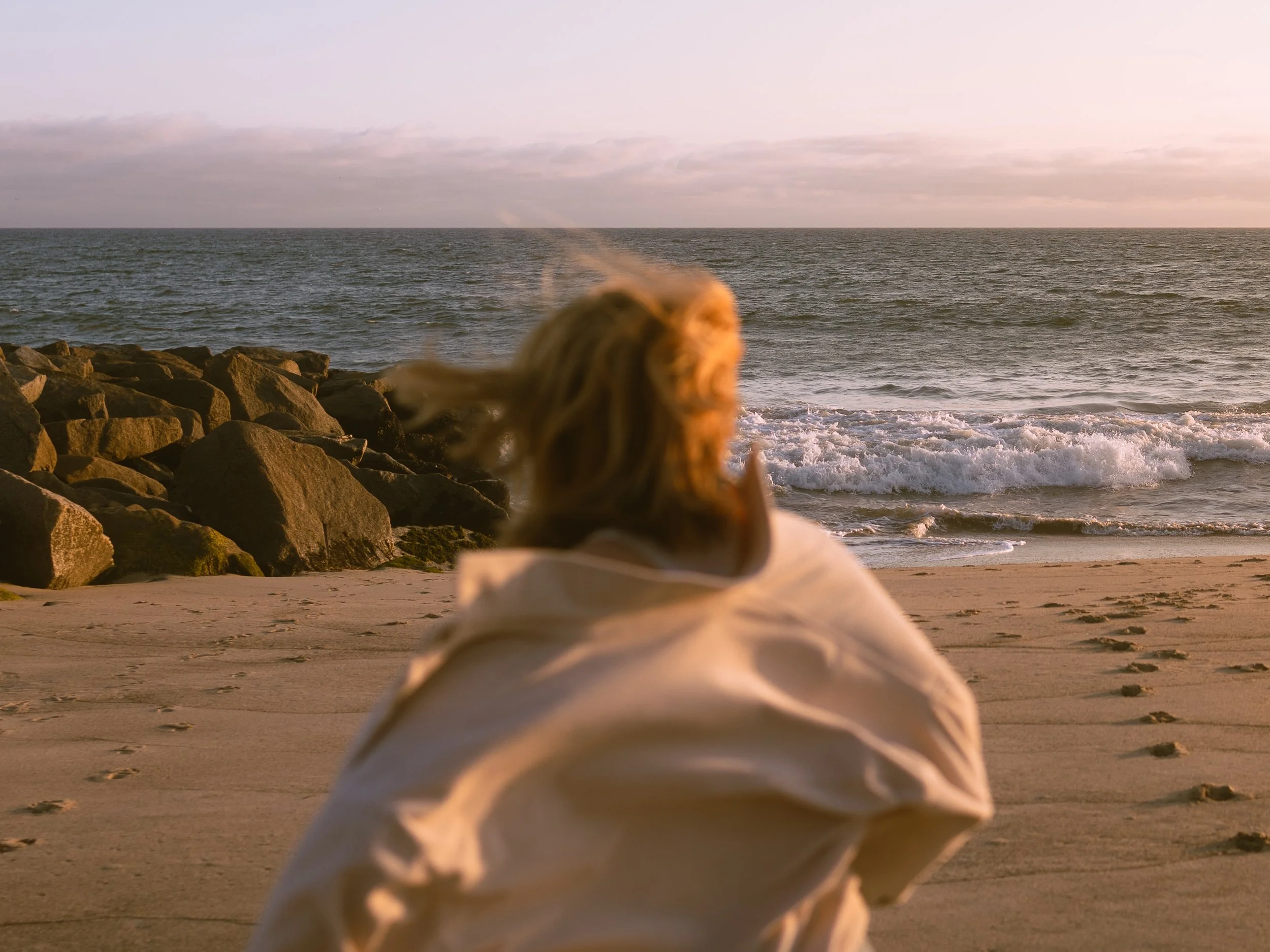 A dog sitting on the sandy beach, facing the ocean, with rocks in the foreground and a sunset sky.