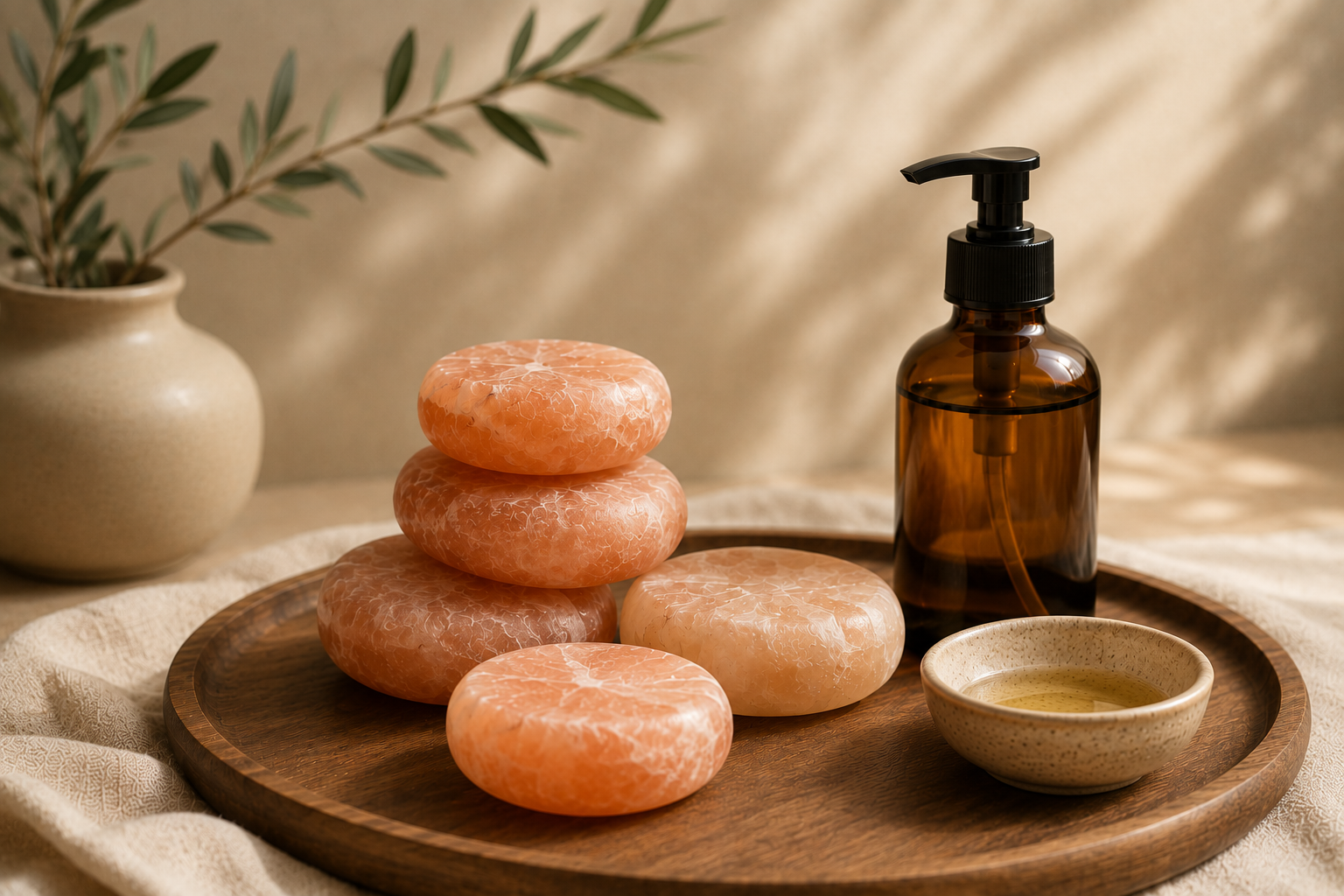A wooden tray holding pink Himalayan salt stones arranged in a pyramid, a brown glass soap dispenser, a small bowl of liquid soap, and a potted plant with green leaves in a beige vase, on a light fabric surface against a textured beige background.