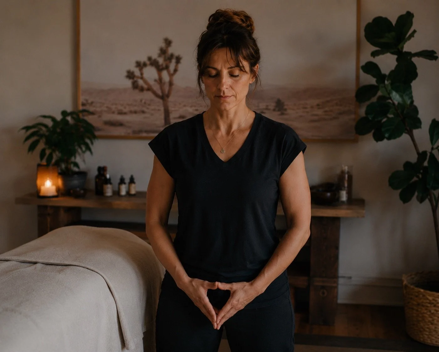 A woman practicing meditation with her hands forming a heart shape, standing in a cozy room with plants, candles, and a landscape painting in the background.