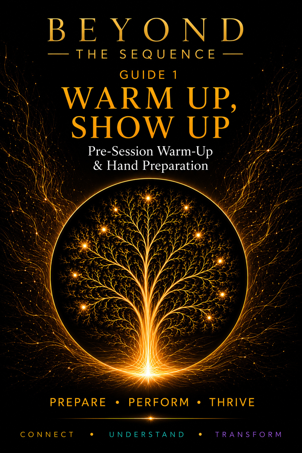 Book cover titled 'Beyond the Sequence: Guide 1 Warm Up, Show Up' with a glowing tree illustration, emphasizing themes of connection, understanding, transformation, and thriving.