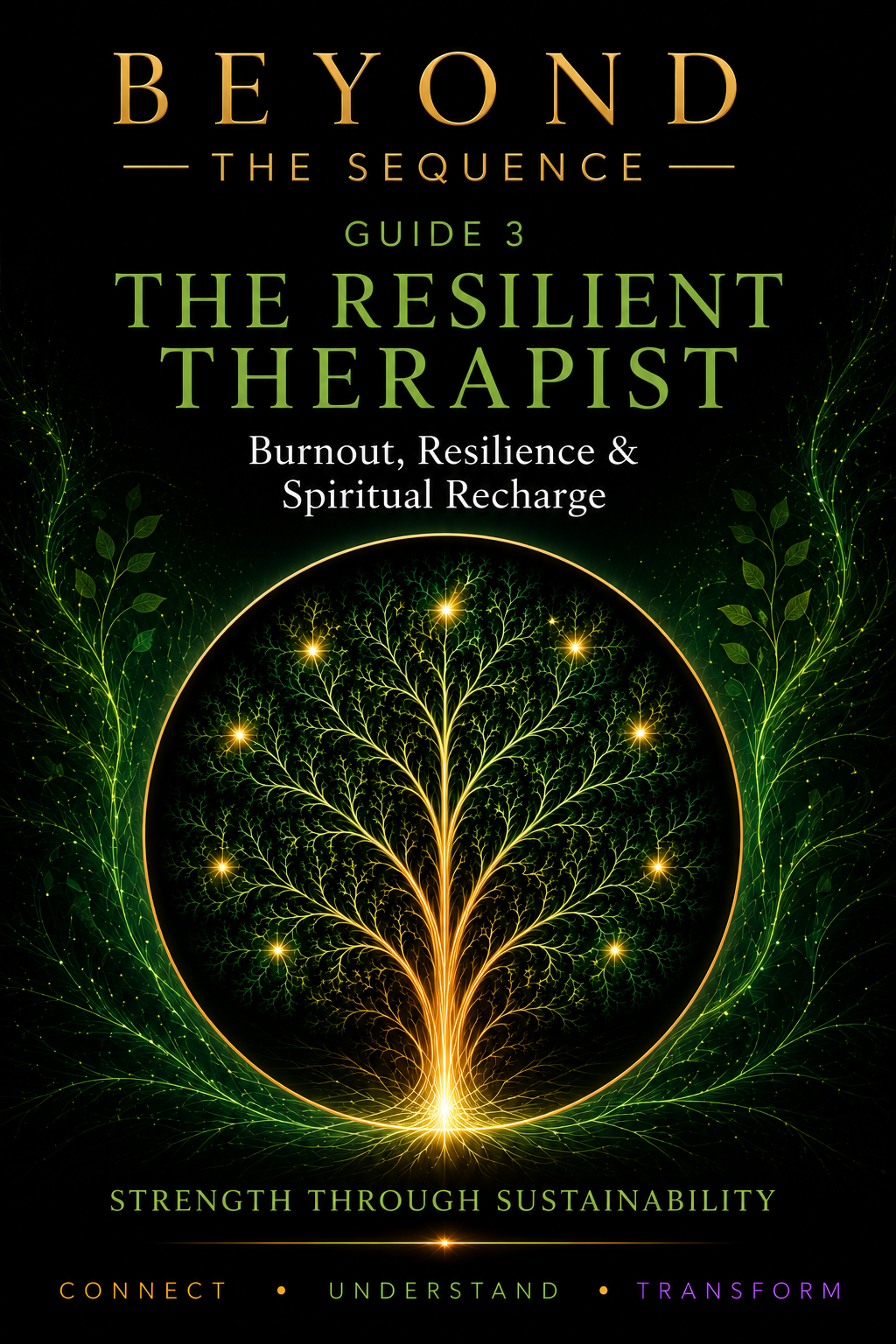 Book cover for 'Beyond the Sequence Guide 3 The Resilient Therapist,' featuring an intricate glowing fractal tree design in bright green and gold on a black background.