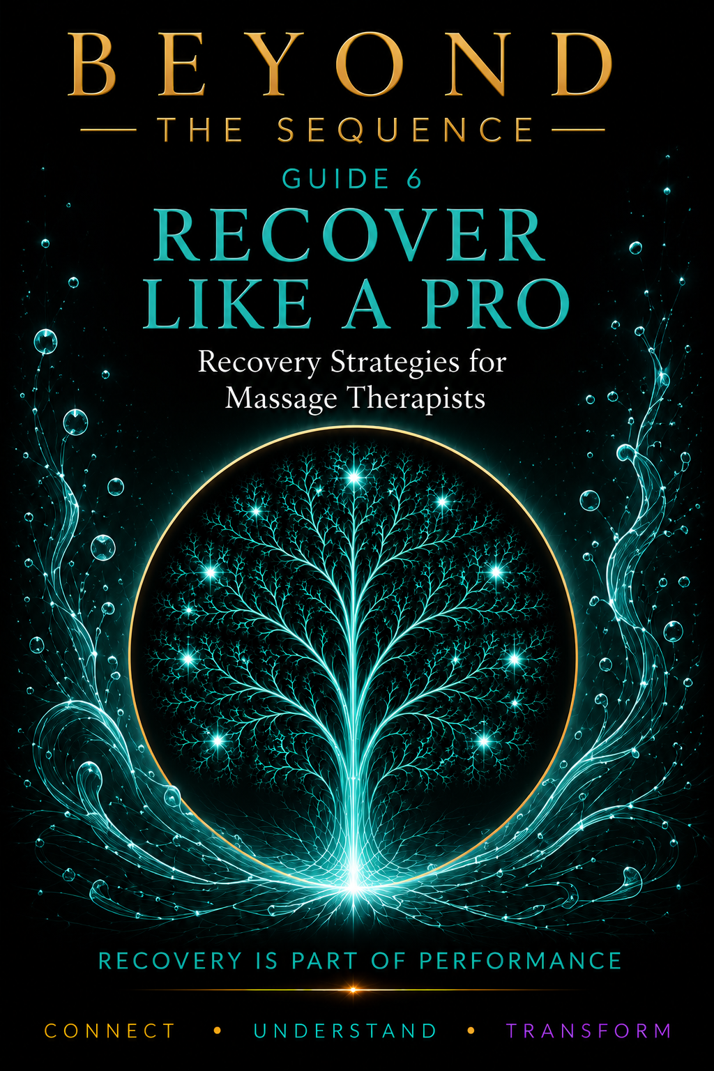 Book cover for 'Beyond the Sequence Guide 6: Recover Like a Pro', featuring a glowing fractal tree with branches illuminating in blue, surrounded by swirling light patterns on a dark background, with text about recovery strategies for massage therapists.