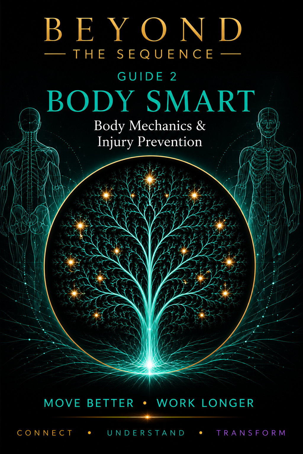 Book cover titled "Beyond the Sequence Guide 2 Body Smart: Body Mechanics & Injury Prevention" featuring a glowing tree-like fractal design, outline sketches of a human body's muscular and skeletal systems, and the words "Move Better, Work Longer" with the tags "Connect, Understand, Transform".