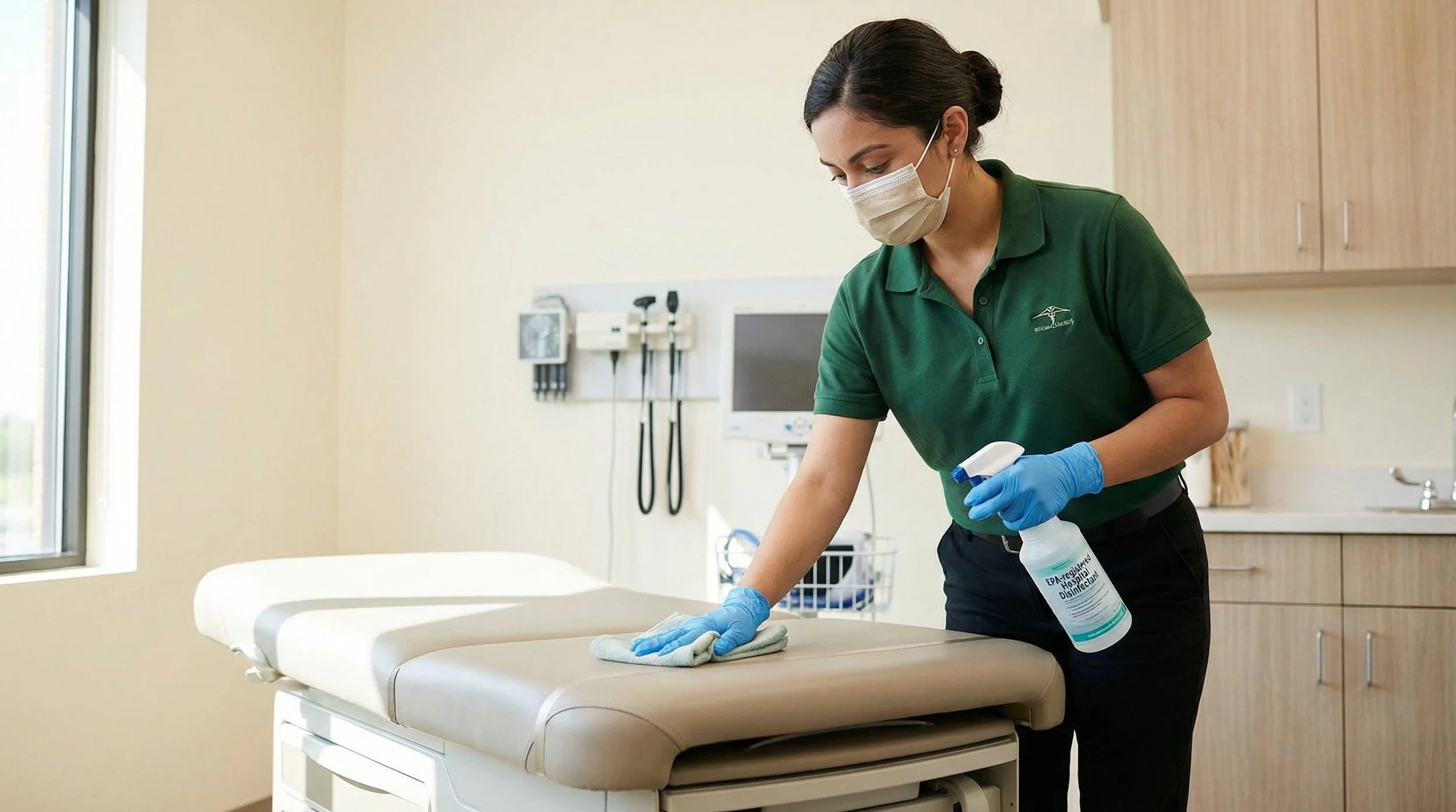 Healthcare worker wearing a face mask and gloves disinfecting a hospital bed.