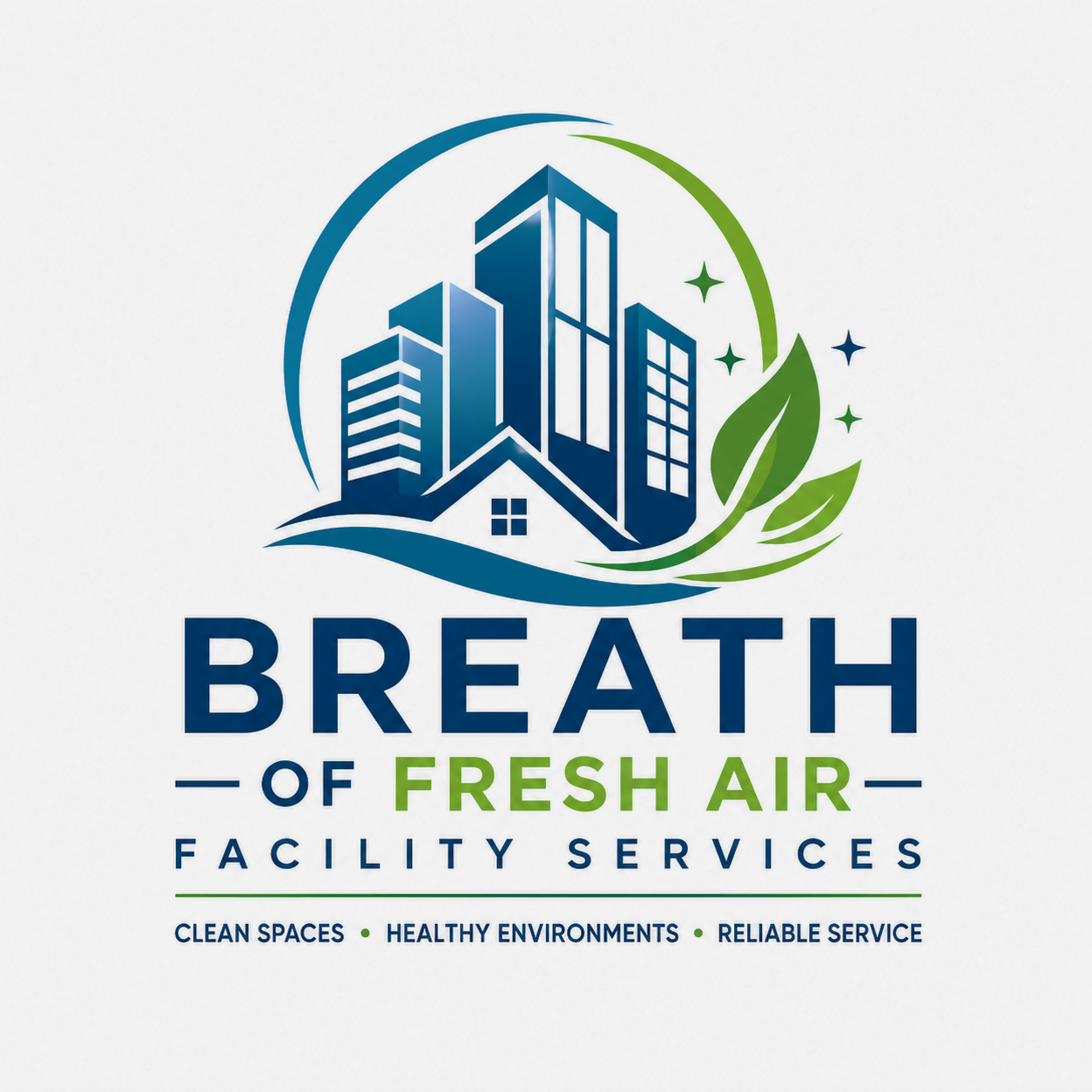 Logo for Breath of Fresh Air Facility Services featuring blue buildings, green leaves, and stars, with text emphasizing clean spaces, healthy environments, and reliable service.
