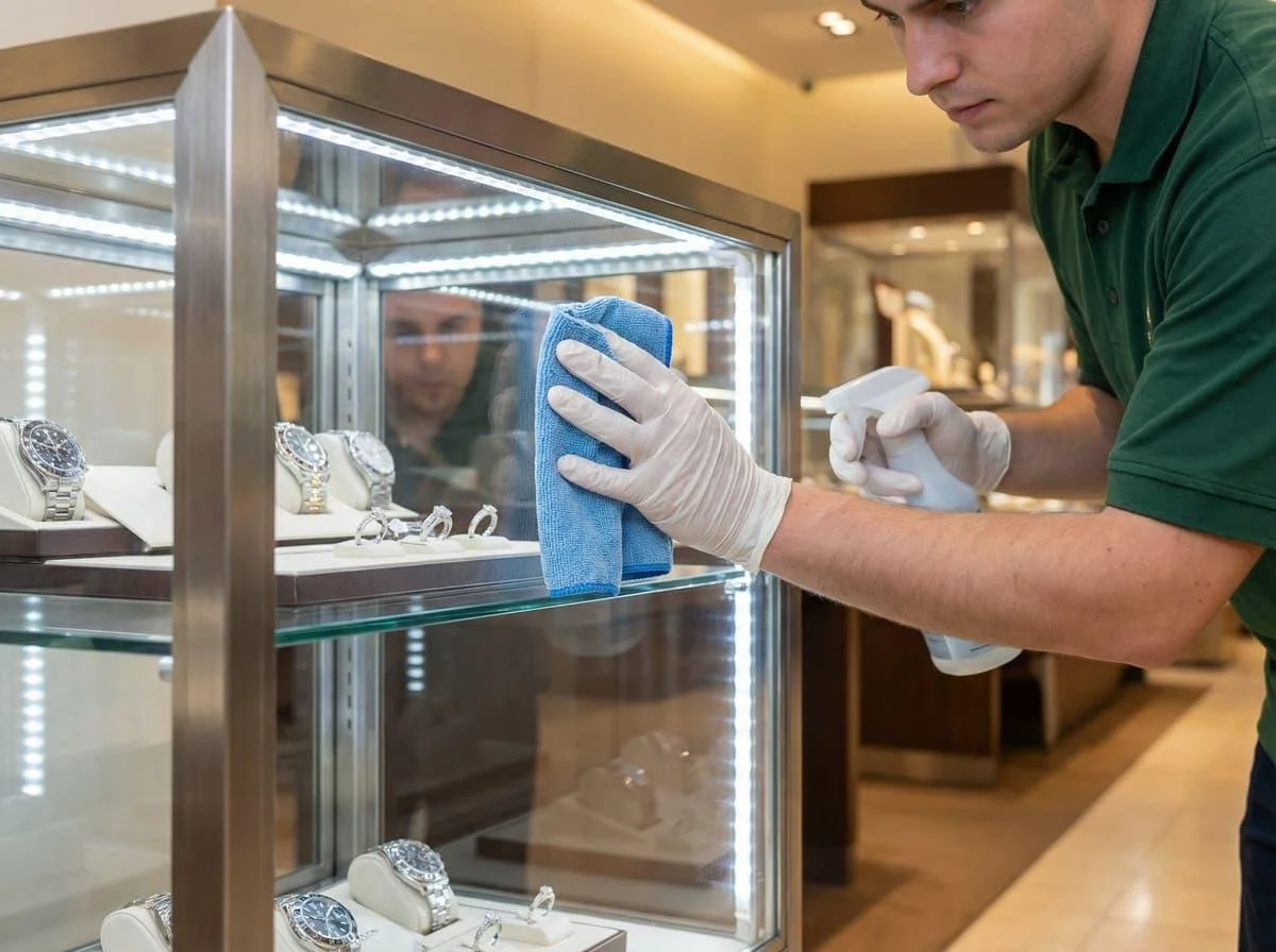 A worker is cleaning a glass display case with jewelry, including watches and rings, using a blue cloth and spray.