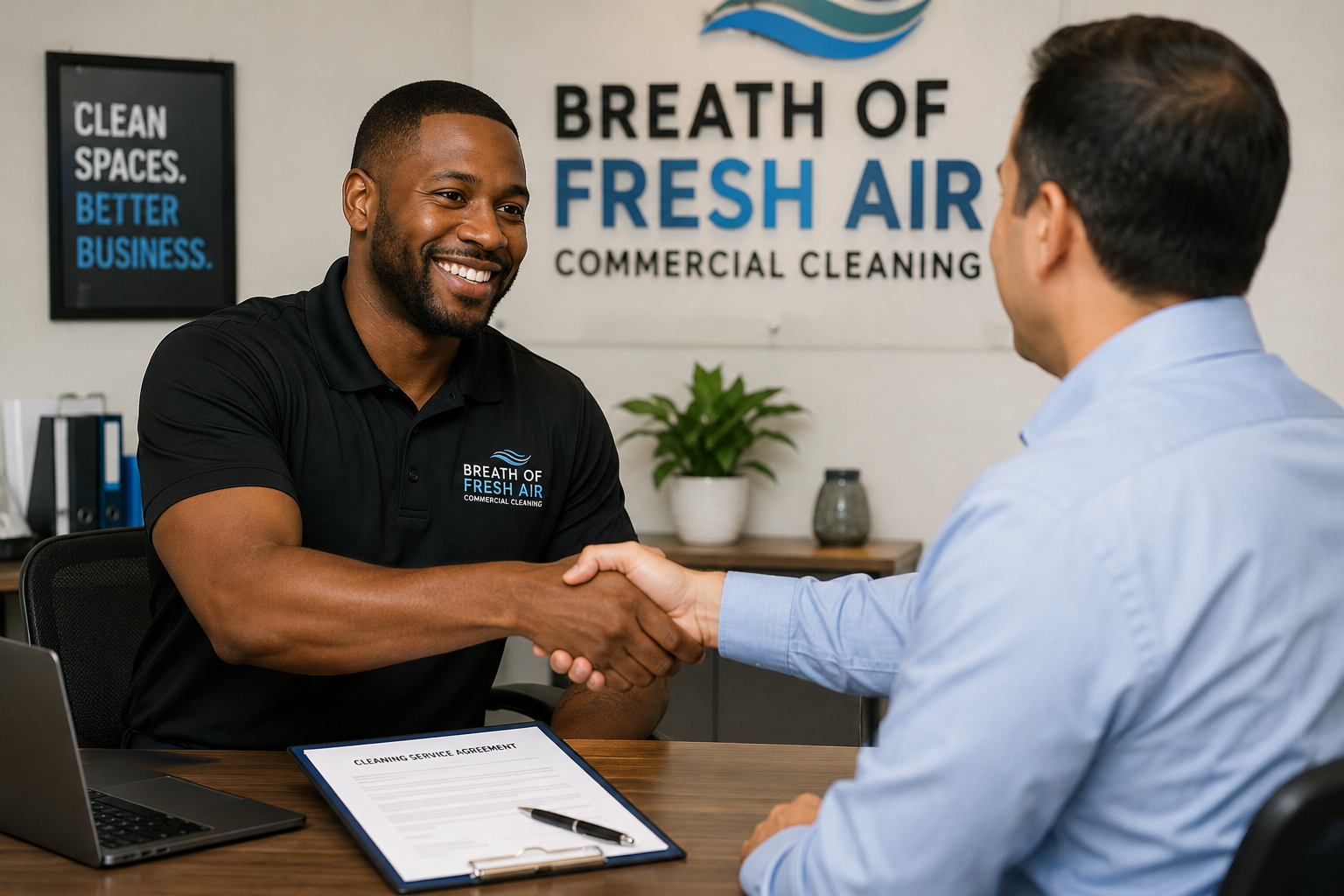 Two men shaking hands in an office, smiling. Behind them is a sign that reads "Breath of Fresh Air Commercial Cleaning" and a smaller sign that says "Clean spaces. Better business." The desk has a laptop, a clipboard with a cleaning service agreement, and a pen.