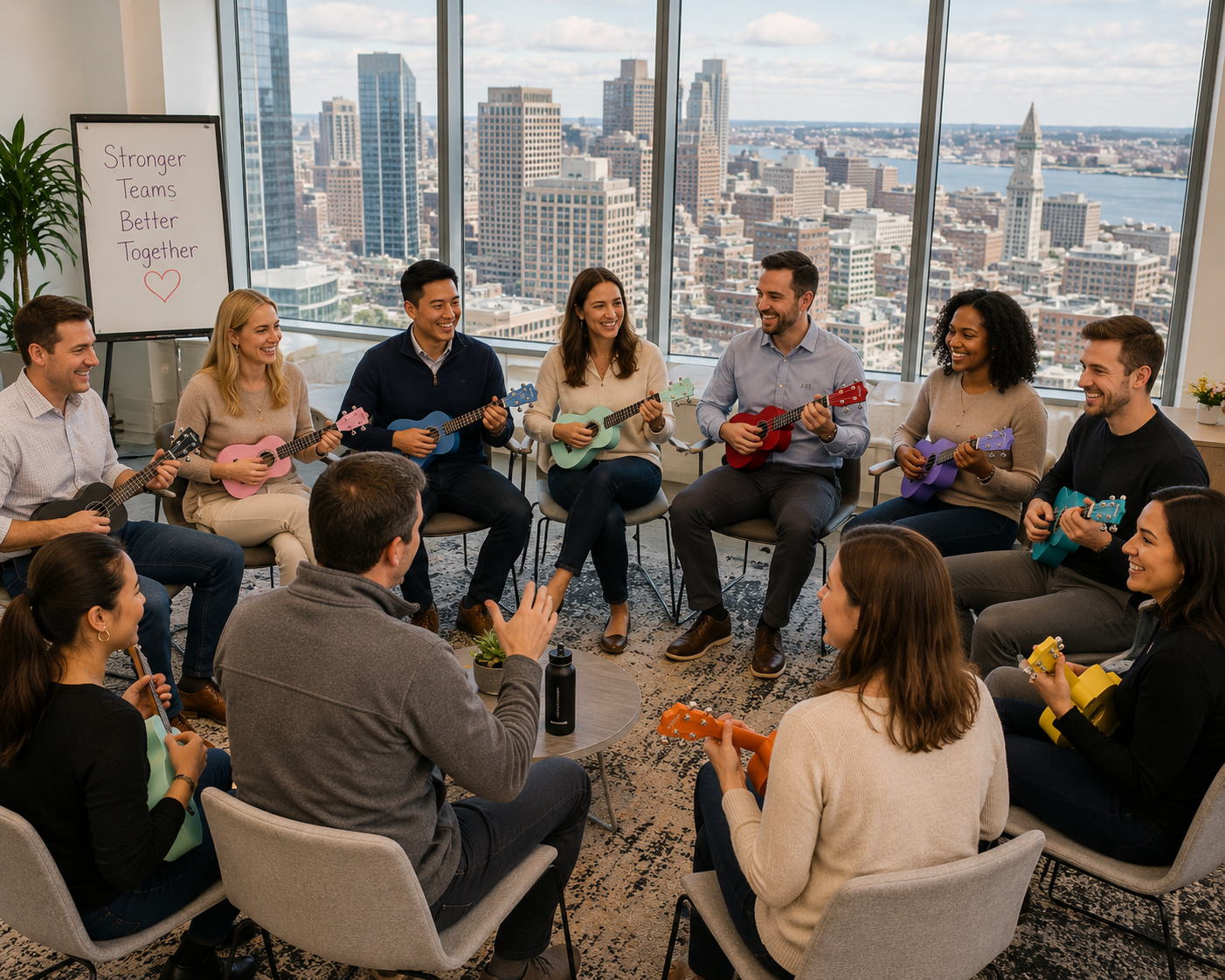 Group of diverse people sitting in a circle with ukuleles, participating in a music activity in a high-rise office with city skyline view, a whiteboard reading 'Stronger Teams Better Together' with a heart symbol.