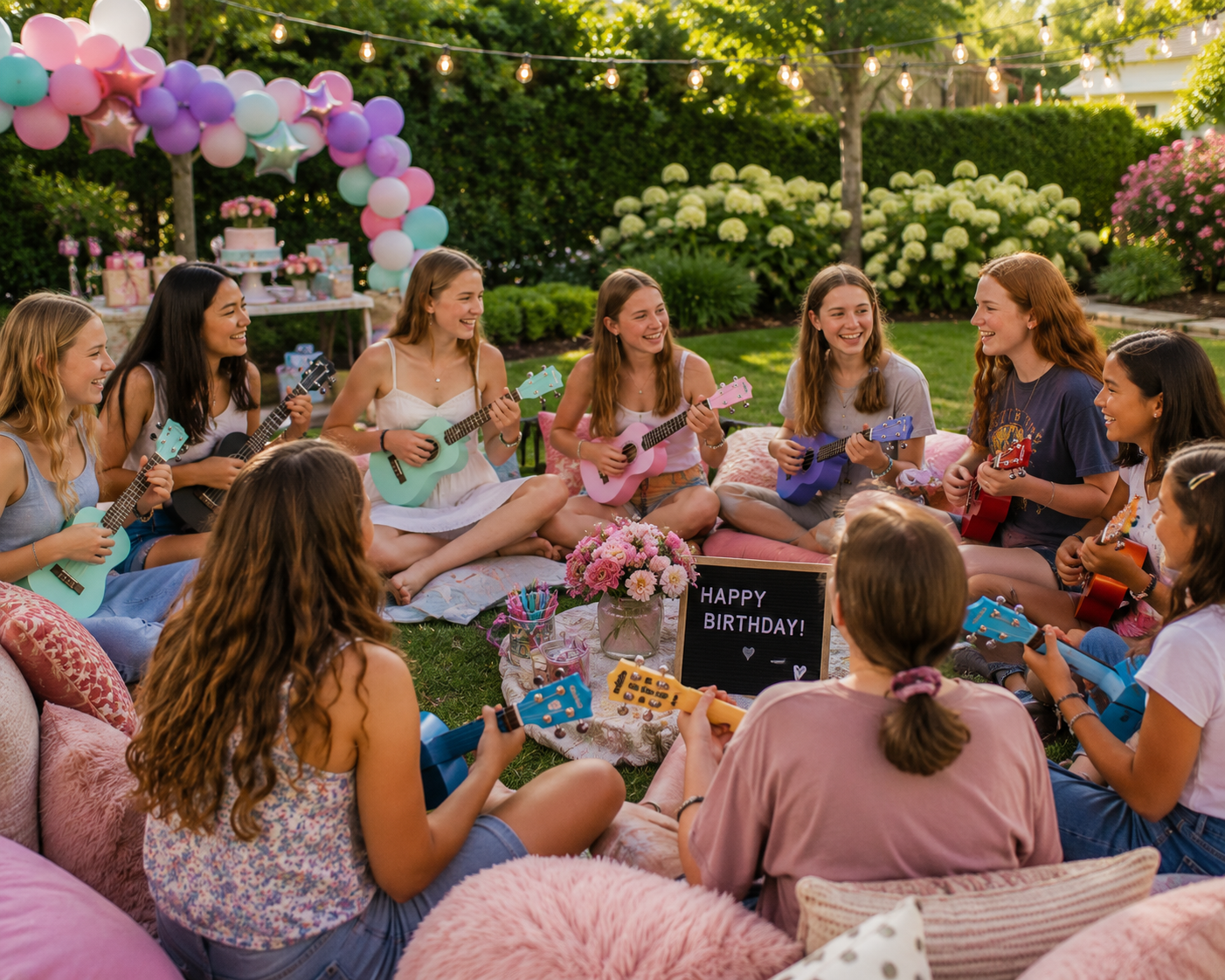 A group of young girls sitting outdoors on cushions and blankets, playing ukuleles together for a birthday celebration. There are balloons, flowers, and a sign that says 'Happy Birthday!' in the background on a sunny day.