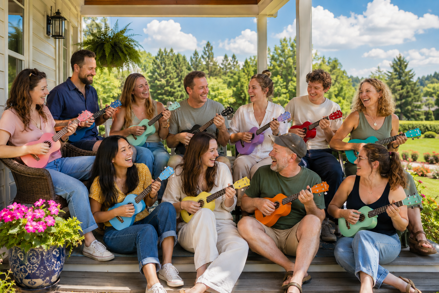 A group of people sitting on a porch playing ukuleles and enjoying a sunny day with green trees and a blue sky in the background.