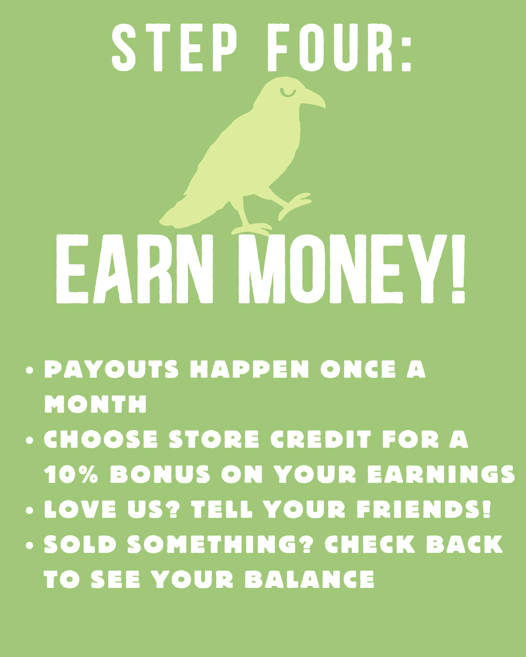 Green promotional graphic with a bird illustration and instructions on earning money, including payout details and referral program.