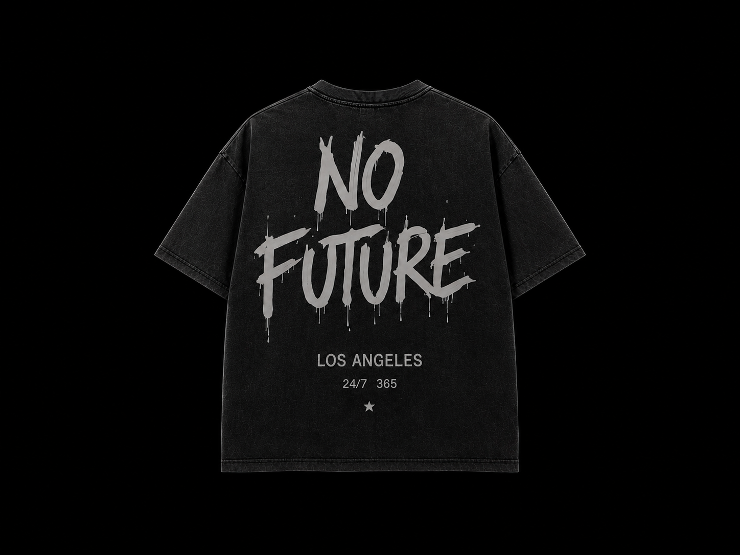 Black T-shirt with graffiti-style text 'NO FUTURE' on the back, against a black background.