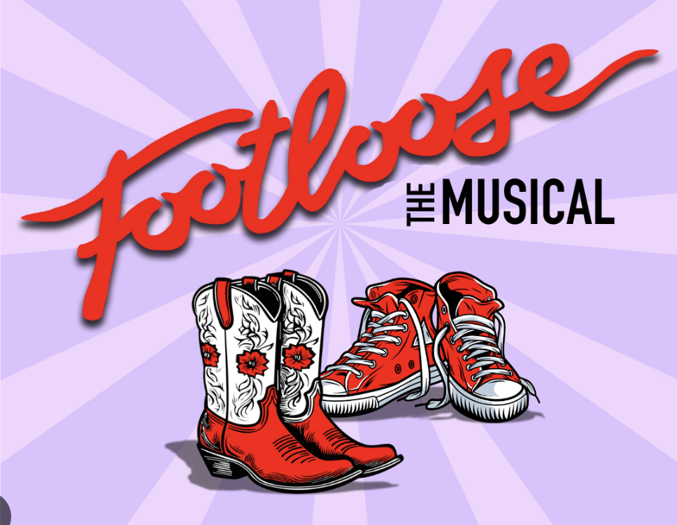 Poster for the musical "Footloose" featuring red cowboy boots with floral designs and red sneakers, with a purple background and large red and black text.