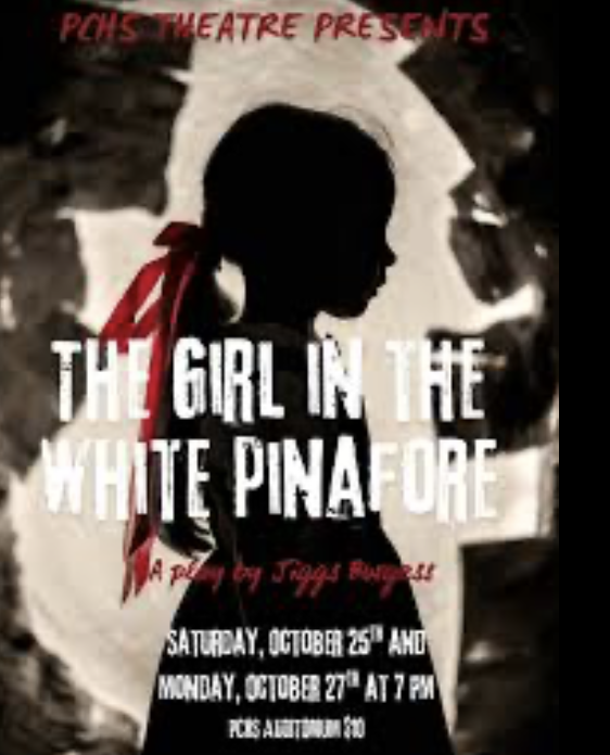Poster with a silhouette of a girl with a red ribbon in her hair, promoting the play "The Girl in the White Pinafore" by Pogo Biggs. Shows performance dates: October 25th and 27th at 7 PM.
