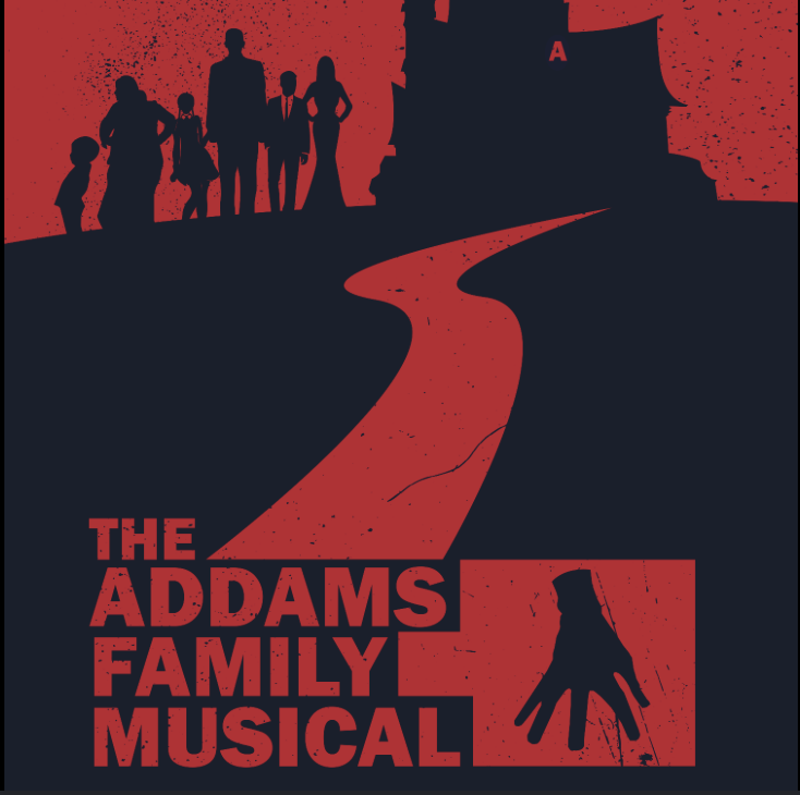 Silhouettes of a family walking up a hill toward a mansion, with a winding path in front and a dark, grainy red background. The title reads 'The Addams Family Musical' with a hand symbol in a red box.