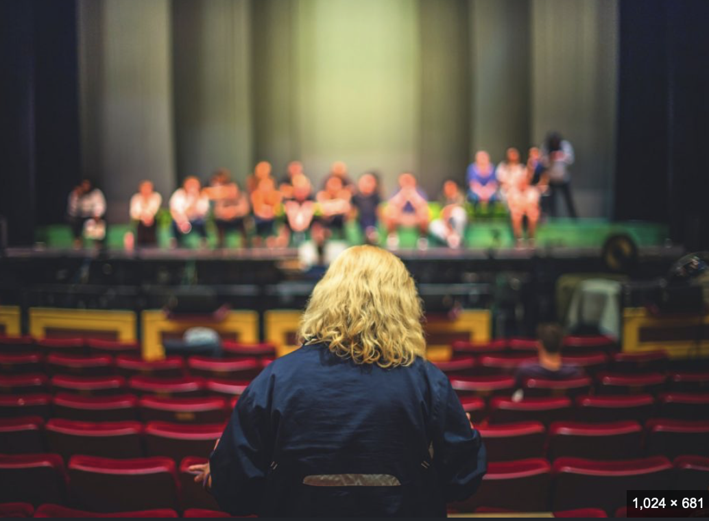 Person with blonde hair wearing a navy blue jacket sitting in a theater watching a stage play with multiple actors.