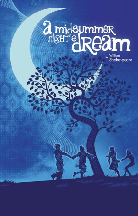 A moon, a tree with children playing underneath, and the text "a midsummer night’s dream" by William Shakespeare on a blue background.