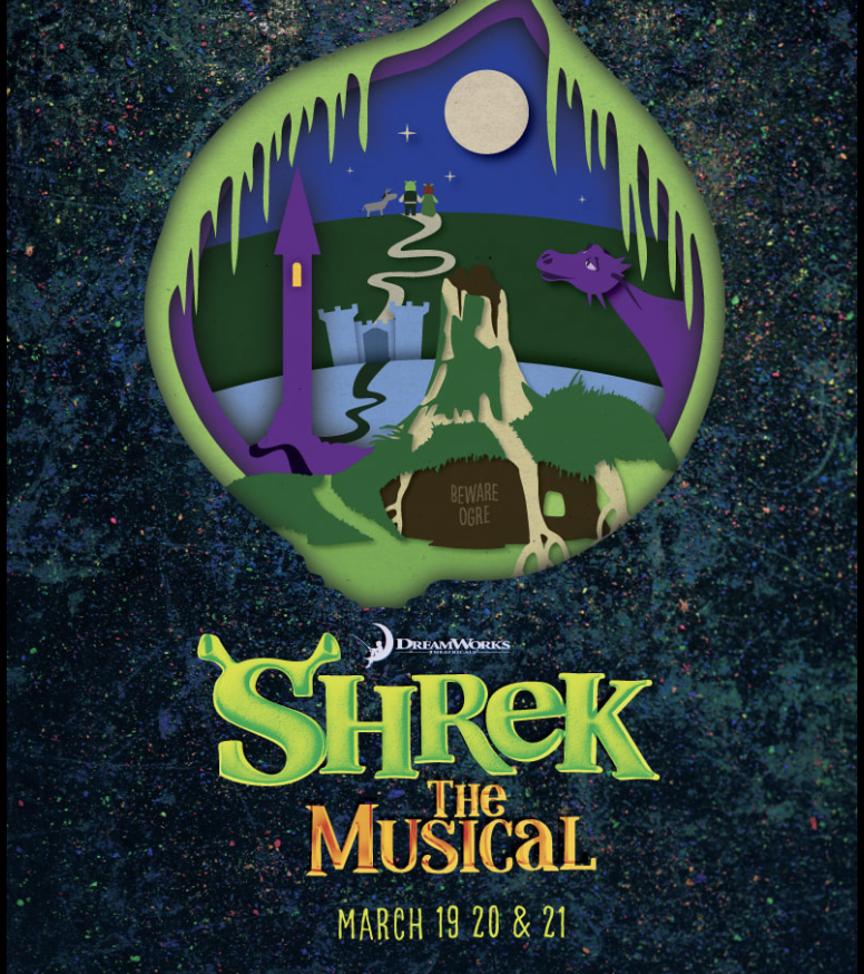 Poster for Shrek The Musical featuring an illustration of a swamp with Shrek's house, a dragon, a tower, and a bridge, with the moon and stars in the night sky.