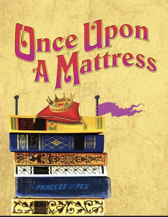 The cover of the book "Once Upon a Mattress" featuring a stack of classic fairy tale books topped with a red pillow, a gold crown, and a purple flag against a yellow background.