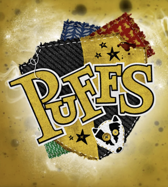 Colorful patchwork with a large yellow banner reading 'PUFFS', featuring a black and white skunk with yellow eyes and a black nose at the bottom.