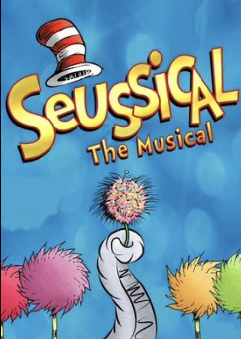 The poster for 'Seussical: The Musical' featuring the iconic red and white striped hat, colorful fluffy characters, and the title text.