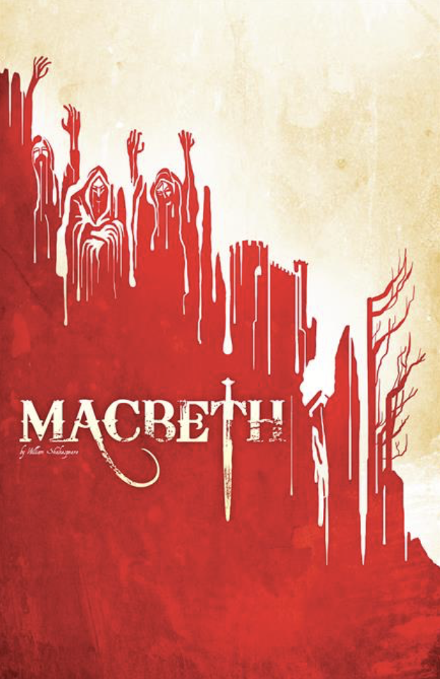A stylized red and white poster for Macbeth featuring ghostly figures and trees in a barren landscape with a sword in the center.