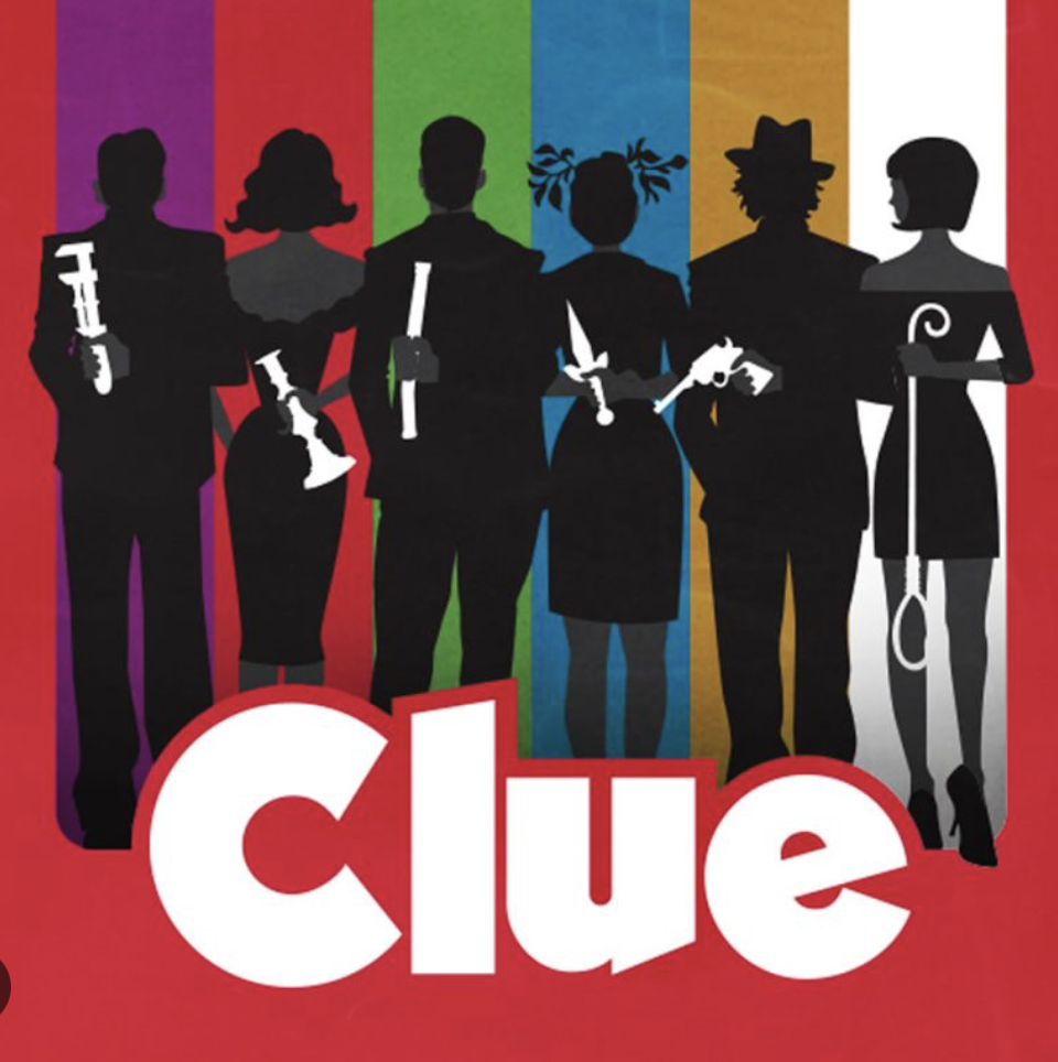 Silhouettes of six people holding various weapons and objects, standing against a background with vertical stripes of purple, red, green, blue, yellow, and white, with the word 'clue' in bold white and red letters at the bottom.